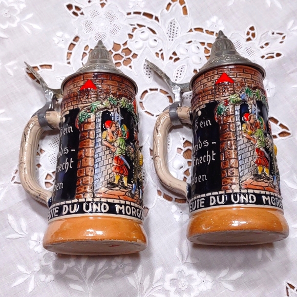 Vintage German Biersteins with Pewter Lids - Set of 2 - Picture 2 of 11
